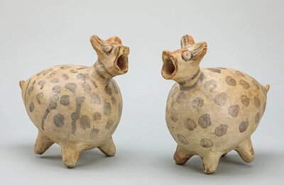 Pair of Sculptural Vessels in form of Llamas Chancay, central coast, Peru Ceramic 8 ¼ x 5 3/8 x 8 7/8 in. 8 ¼ x 5 ¼ x 9 ¼ in. 1967-29-330/331.