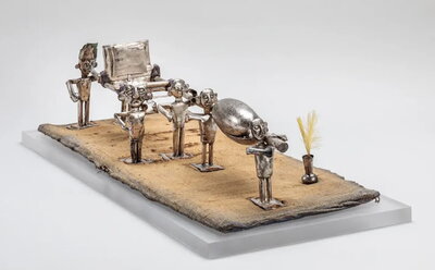 Model of a Funeral Cortege Lambayeque, north coast, Peru 1000-1470 CE Silvered copper, cotton, reeds, feathers 6 x 23 ¼ x 10 ¼ in. 1967-29-303.