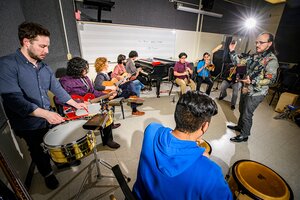 The Latin American Ensemble prepares for its upcoming performance featuring a musical journey through Latin America and Spain. The new ensemble is an experimental group directed by music professor Guido Sánchez-Portuguez.  Photo by Fred Zwicky