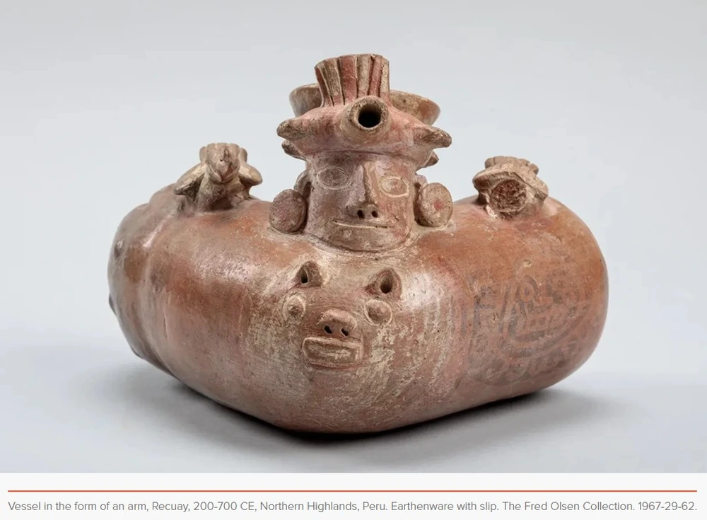 Vessel in the form of an arm, Recuay, 200-700 CE, Northern Highlands, Peru. Earthenware with slip. The Fred Olsen Collection. 1967-29-62.